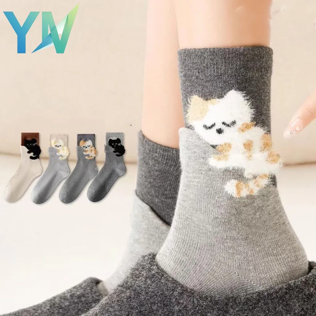 Meias Cano Médio com Estampa de Gato Fofo – 1 a 10 Pares