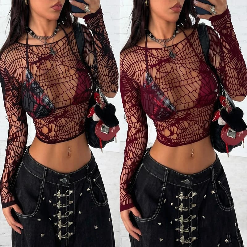 Top Feminino Manga Longa Transparente em Renda para Praia
