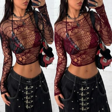 Top Feminino Manga Longa Transparente em Renda para Praia