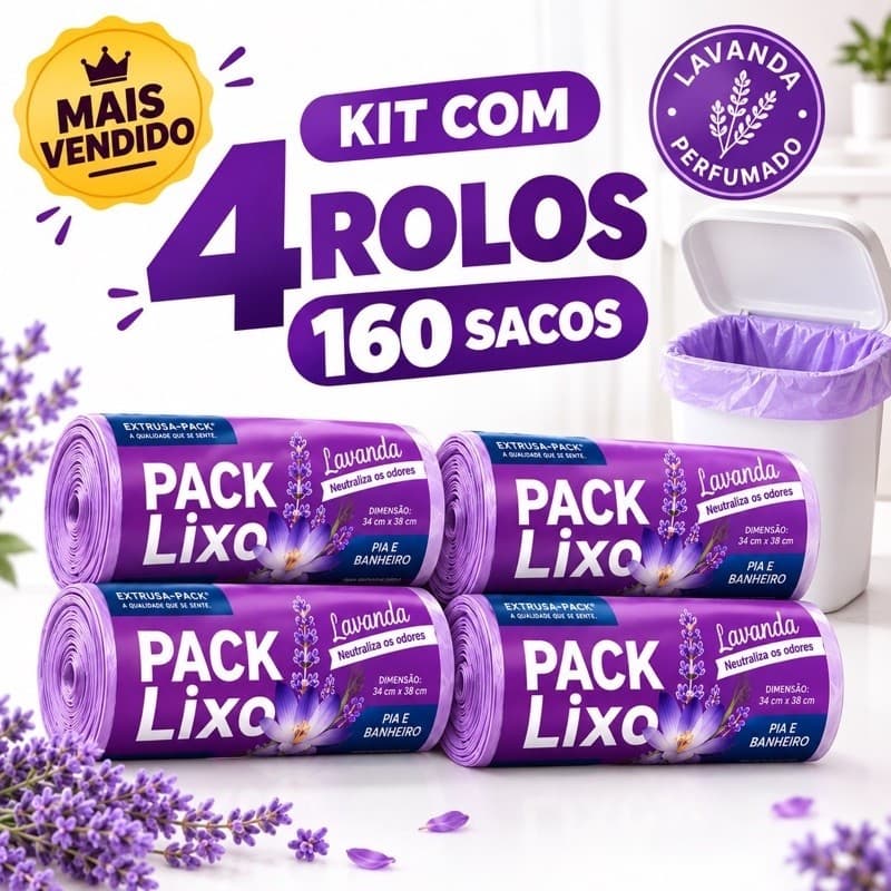 Kit 4 Rolos Sacos de Lixo Perfumados Lavanda | 160 Sacos | Pia e Banheiro | 34x38cm | Neutraliza Odores