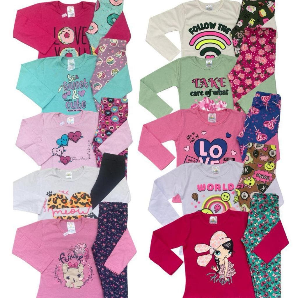 Kit 10 Peças Infantil Menina 5 Calça Legging 5 Blusinha Manga Longa Meia Estação Roupa Feminina Frio