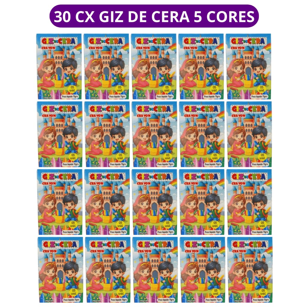 30 cx Mini Giz de Cera 5 Cores P/ Kit Festa Lembrancinha Artesanato Infantil