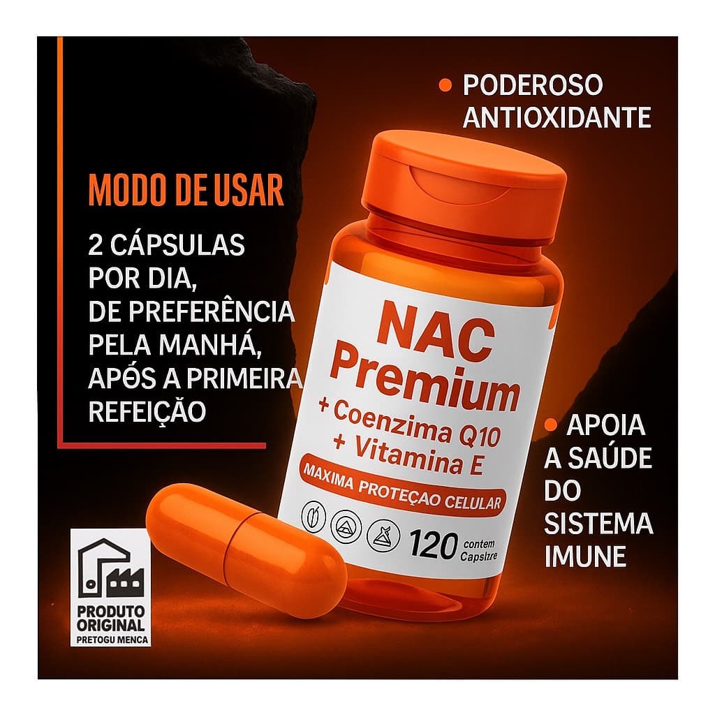 NAC Premium 600mg + Coenzima Q10 200mg + Vitamina E 100mg 120 Cápsulas Antioxidante Lot Nutrition
