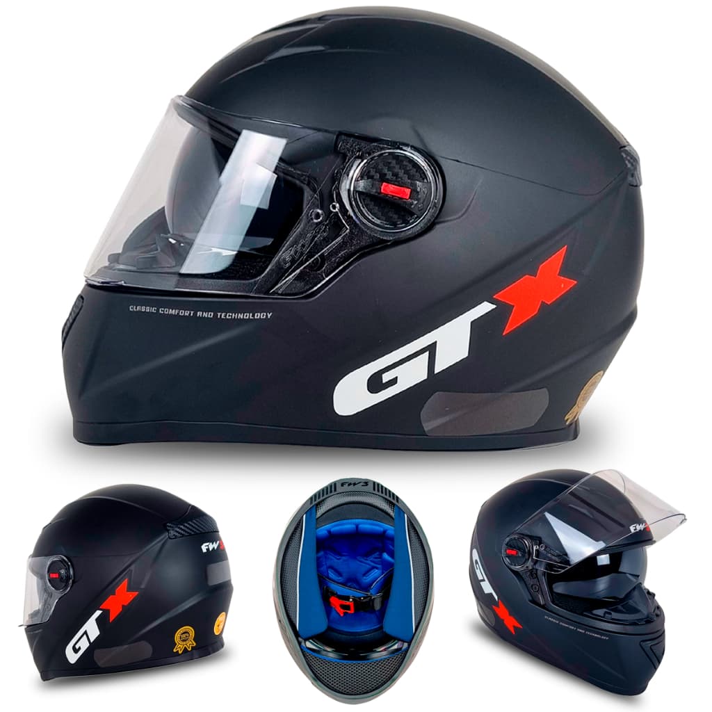 Capacete Moto Fechado GTX Com Óculos Interno Preto Fosco Tamanho 56 58 60 Com Viseira Cristal E Forro Removível - FW3