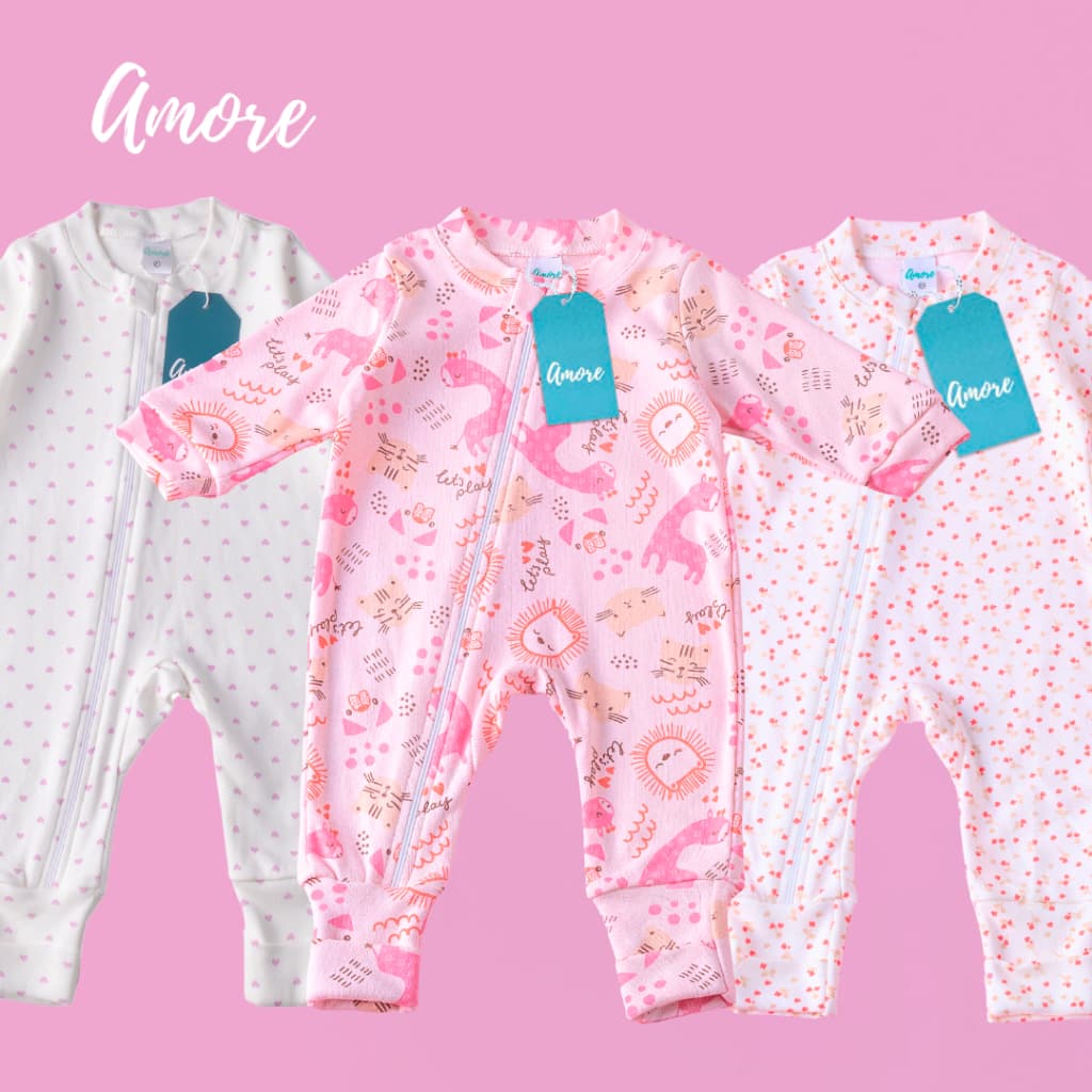 3 Macacões Bebê Amore Mais Vendidos Vira Pé com Zíper Menina 100% Algodão