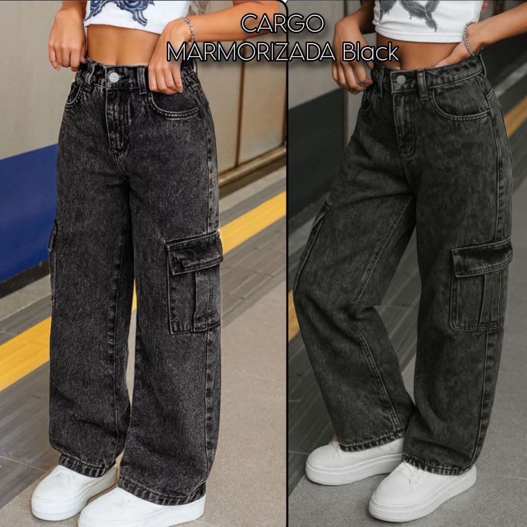 Calça Jeans Infantil Wide Leg Cargo Black Juvenil 6 ao 14 ALTO PADRÃO LINHA PREMIUM