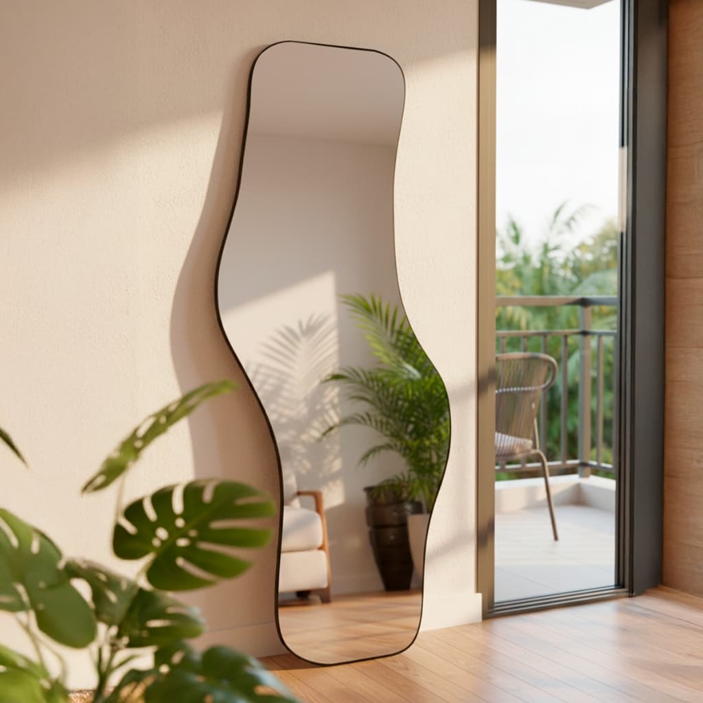 Espelho Waves de Parede 170x70 – Design Orgânico com Acabamento em Couro Ecológico