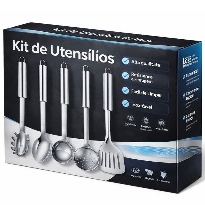 Kit Utensílios de Cozinha em Inox – , Colher De Arroz,Concha, Escumadeira, Espátula e Pegador de Massa – Alta Qualidade