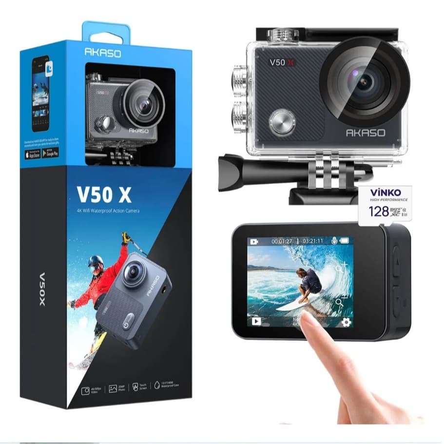 Câmera De Ação Akaso V50X 4K 30FPS Tela Tátil, EIS, Zoom 4X, À Prova d'Água 40m, Wi-Fi