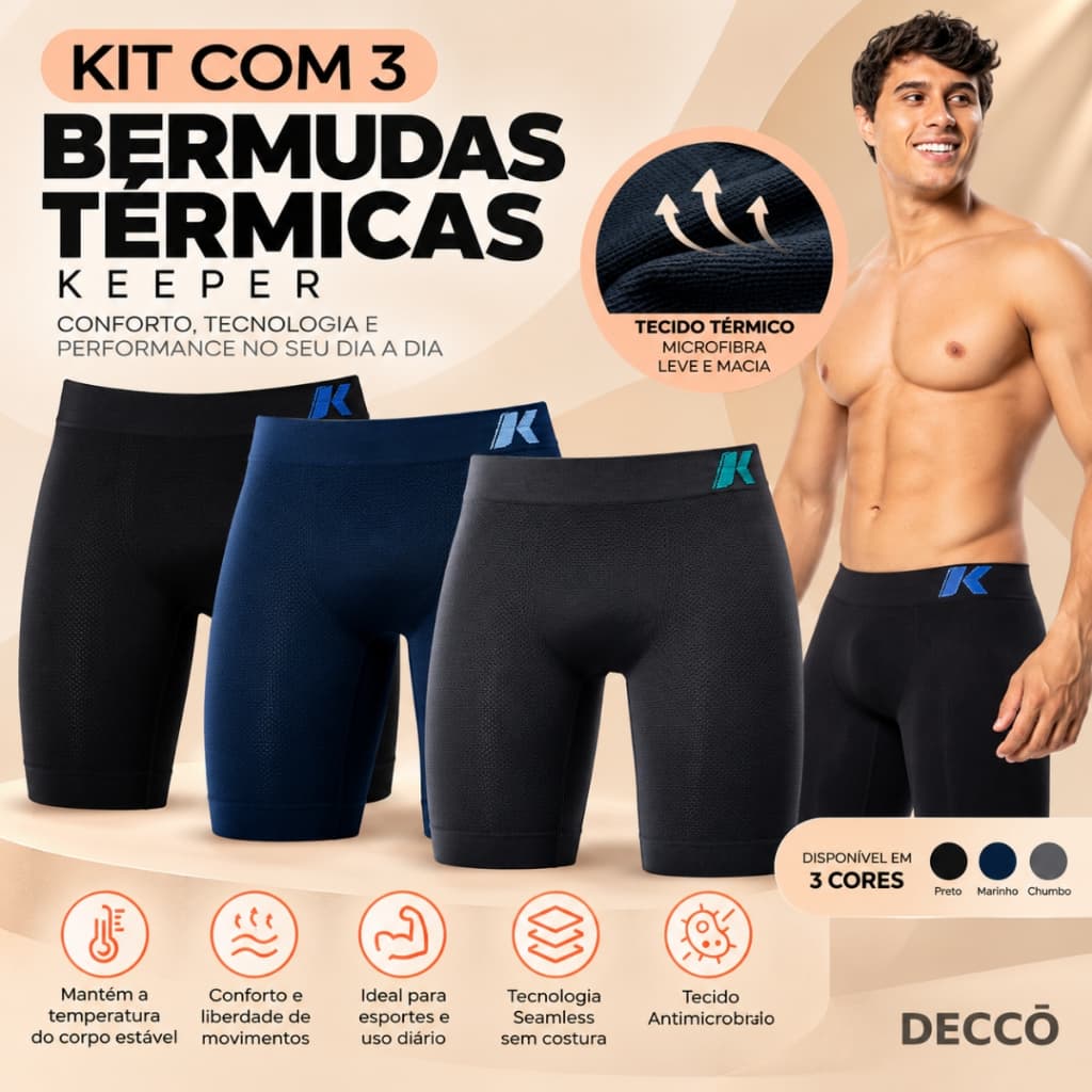 Kit 3 Bermuda Térmica Keeper Anti Assaduras Resistente sem Costura Masculina Sport Alta Performance