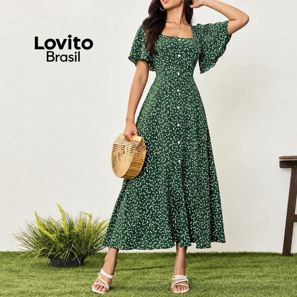 Lovito Vestido Feminino Midi Romântico Estampado DRB5BR180