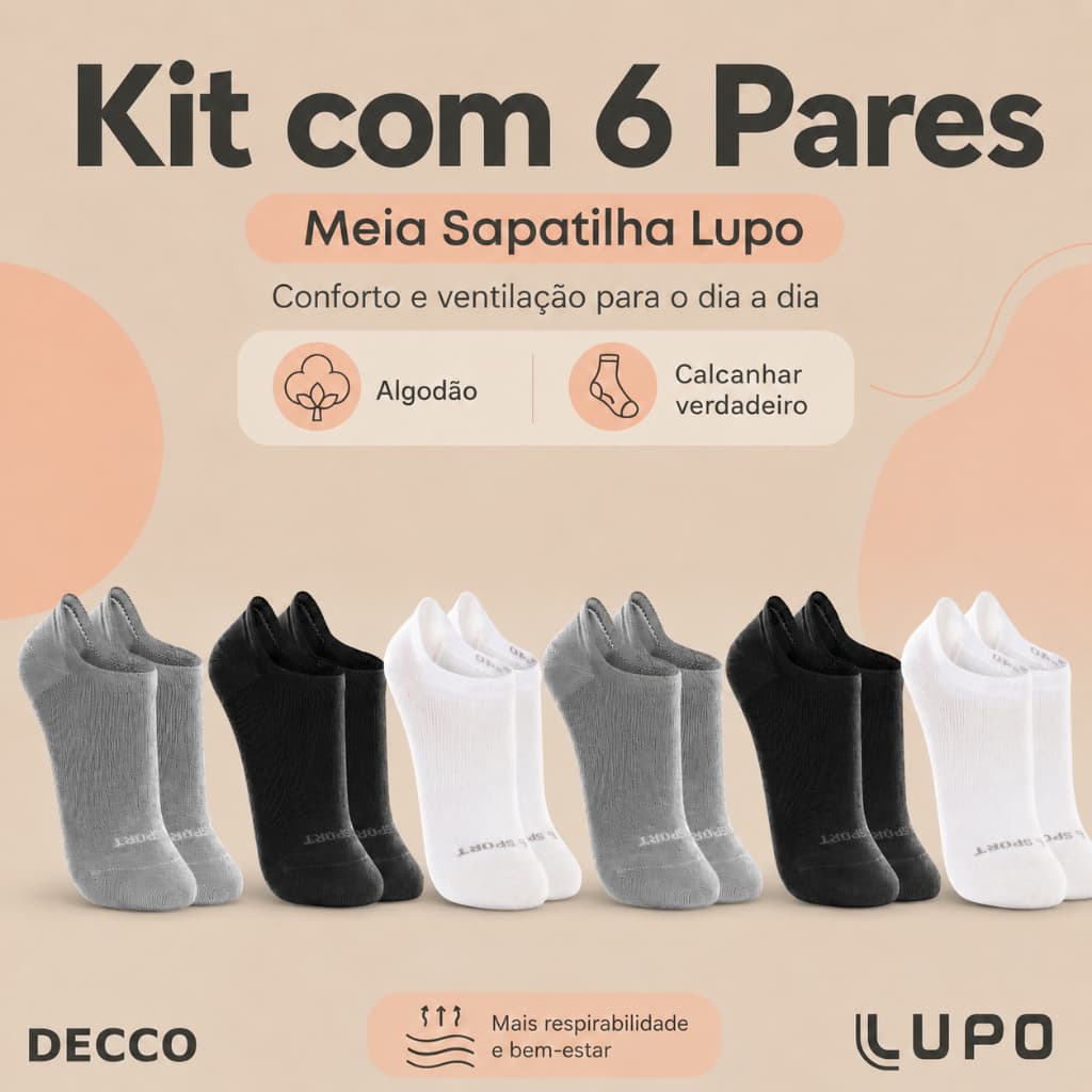Kit De 6 Pares Meias Cano Invisível Lupo Sport Algodão Soquete Sapatilha Unissex