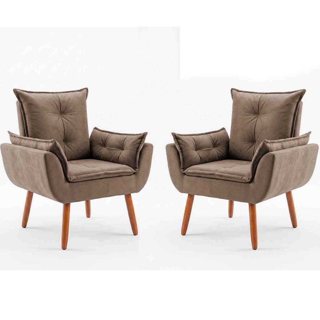 Kit com 2 Poltronas Decorativa Opala Pés Palito Premium, Reforçada, Cozinha, Quarto Suede Capuccino