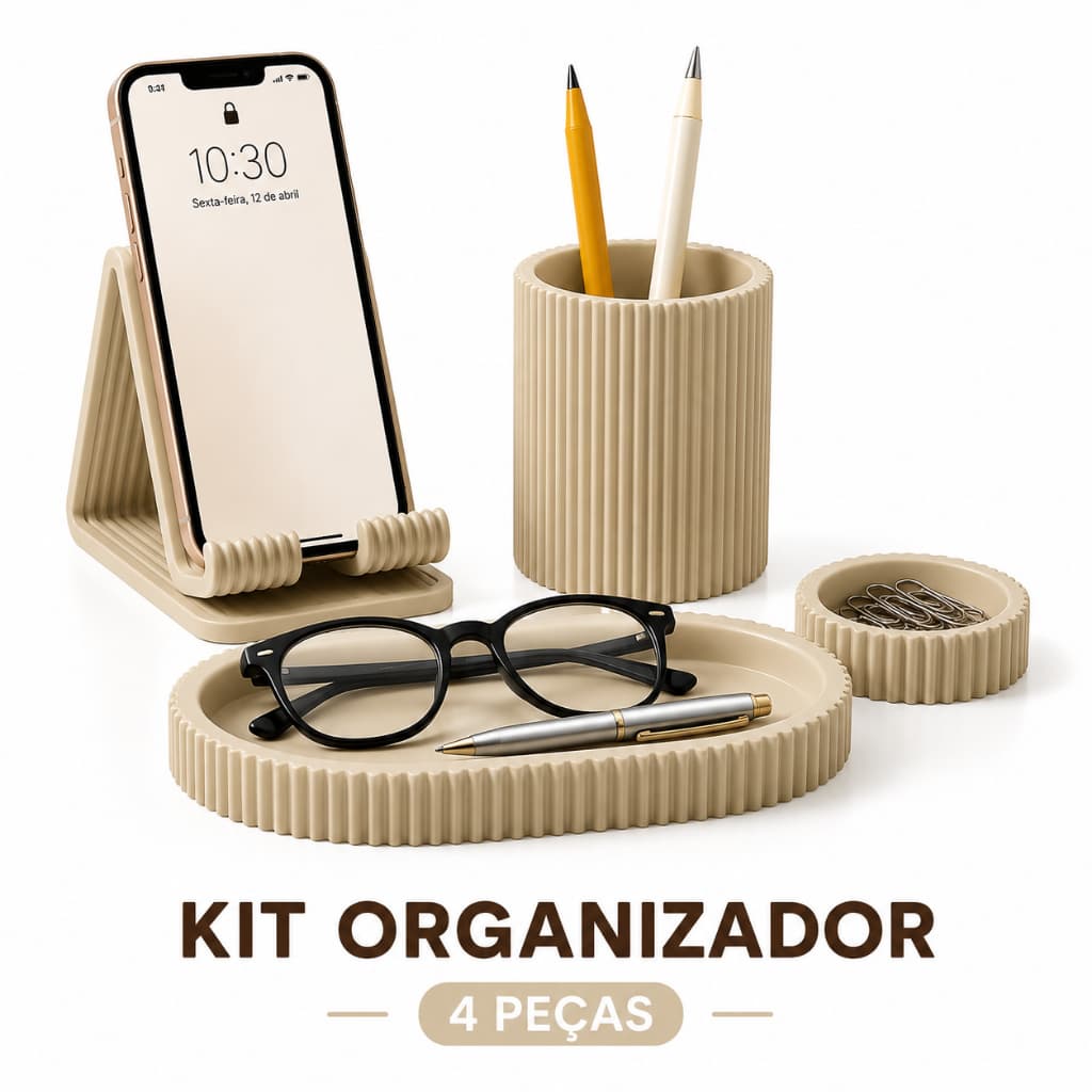 Kit Organizador de Mesa Escritório 4 Peças Porta Caneta Suporte Celular Bandeja Multiuso Porta Lápis