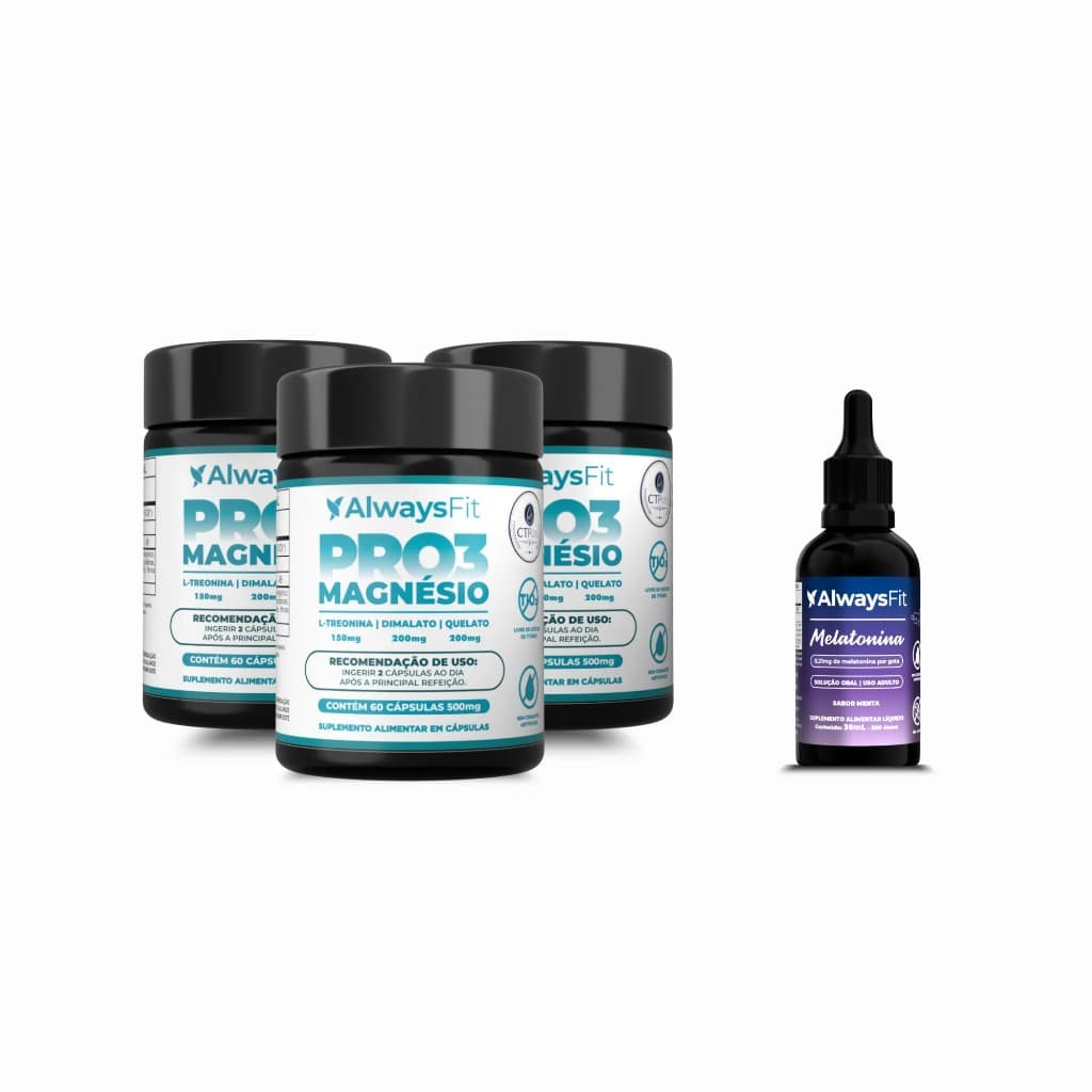 Pro3 Magnésio AlwaysFit | Magnésio Dimalato + Magnésio Quelato + L-Treonina | 60 Cápsulas - 3 Unidades + Melatonina