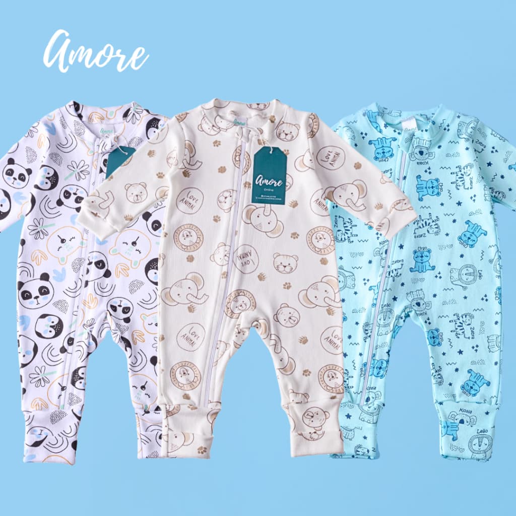 Kit 3 Macacões Bebê Amore Vira Pé Zíper Mais Vendidos Menino 100% Algodão