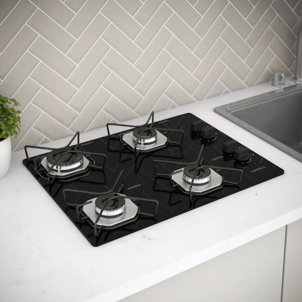 Fogão Cooktop Fogatti à Gás Ori 4 Bocas Vidro Preto Flange Inox Bivolt - Acendimento automático