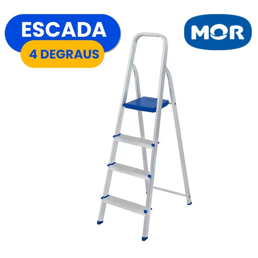 Escada Alumínio 4 3 Degraus MOR Dobrável Doméstica Modelo Tipo Tesoura 120kg Reforçada Aço Degrau