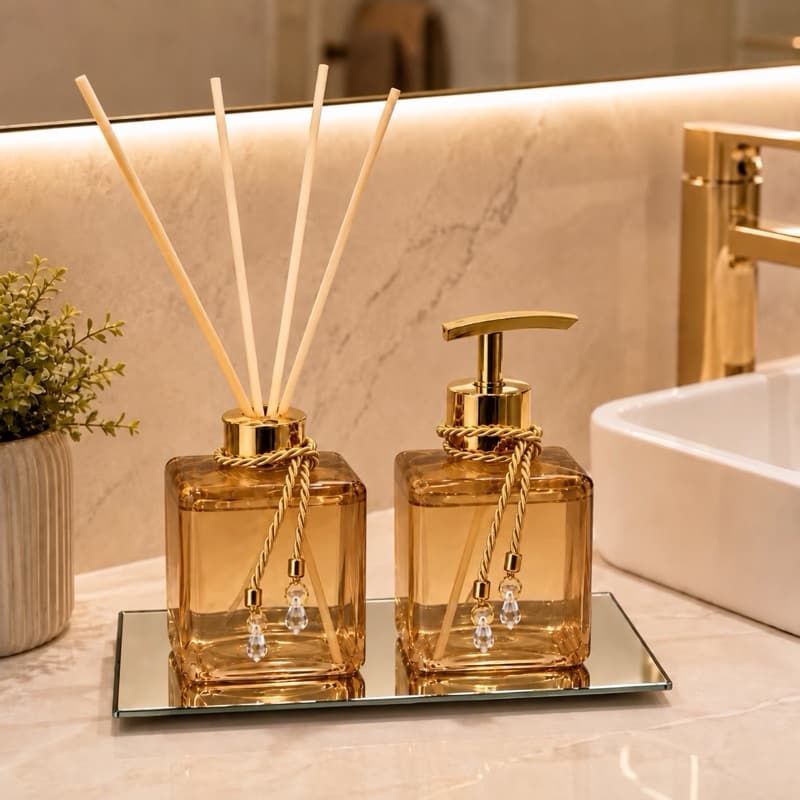 Kit Lavabo Pet Ambar Difusor de Varetas e Saboneteira Luxo Bandeja Banheiro Casa