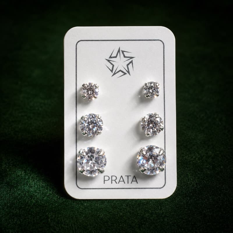 Trio de Brincos Feminino Prata 925 Zircônia Redonda