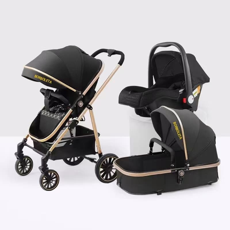 Carrinho De Bebê 3 Em 1 Luxo Moisés + Bebê Conforto Completo Reclinável Rodas Com Amortecedor Kit Enxoval Segura
