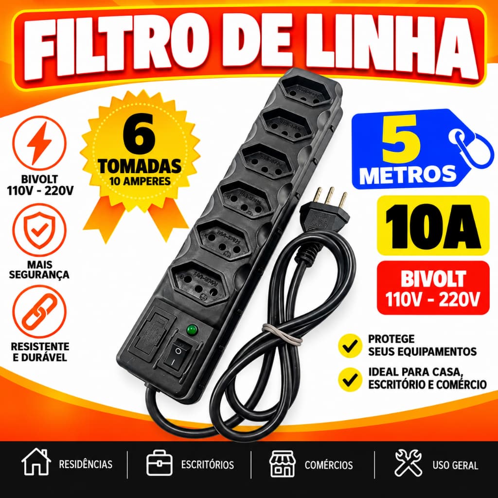 Filtro de Linha Cabo PP Tomadas 3 e 5 Metros Fusível Chave E Led 10A 110 / 220 V Bivolt