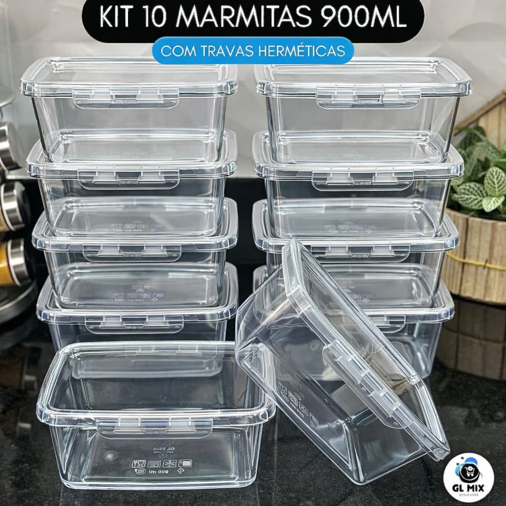 Kit 10 Marmitas com Travas 900ml BPAFREE Pote Plástico Freezer Microondas Fitness Refeição Alimento