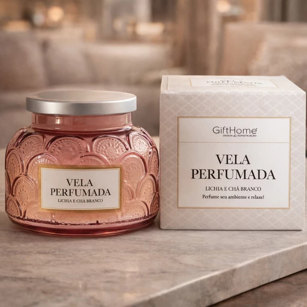 Vela Perfumada Lichia E Chá Branco 415g Vidro Decorativo Presente Aromático e Beijo de Cereja frasco todo em vidro 415g