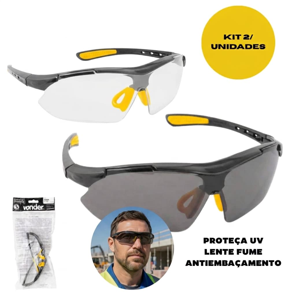 Kit 2 Oculos Proteção Segurança Construção Civil Incolor Fume Segurança Sol Bicicleta Obras Trabalho Corrida Vonder
