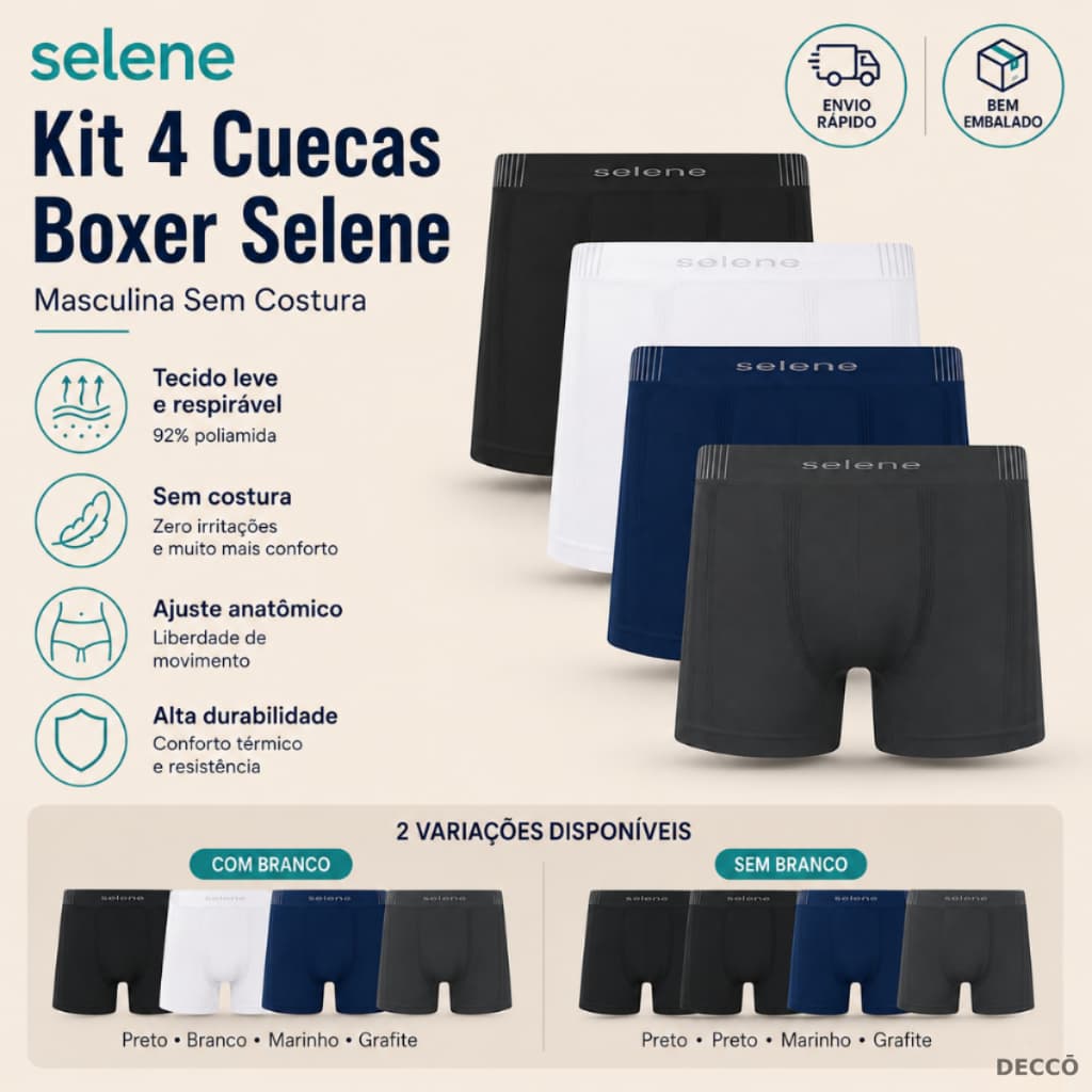 Kit 4 Cuecas Boxer Selene Masculina Sem Costura Poliamida Original Macias Confortáveis Dia a Dia