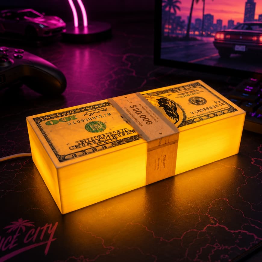 Maço - Placo de dinheiro rotativo inspirada no GTA VI opção sem e com LED USB parece levitar igual ao dinheiro do jogo