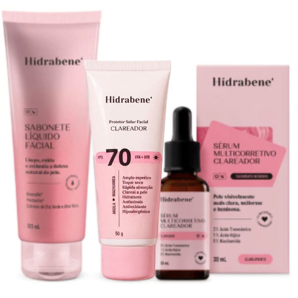 Kit Clareador Facial - Sabonete Líquido + Protetor Solar Clareador 70 FPS + Sérum Multicorretivo Clareador
