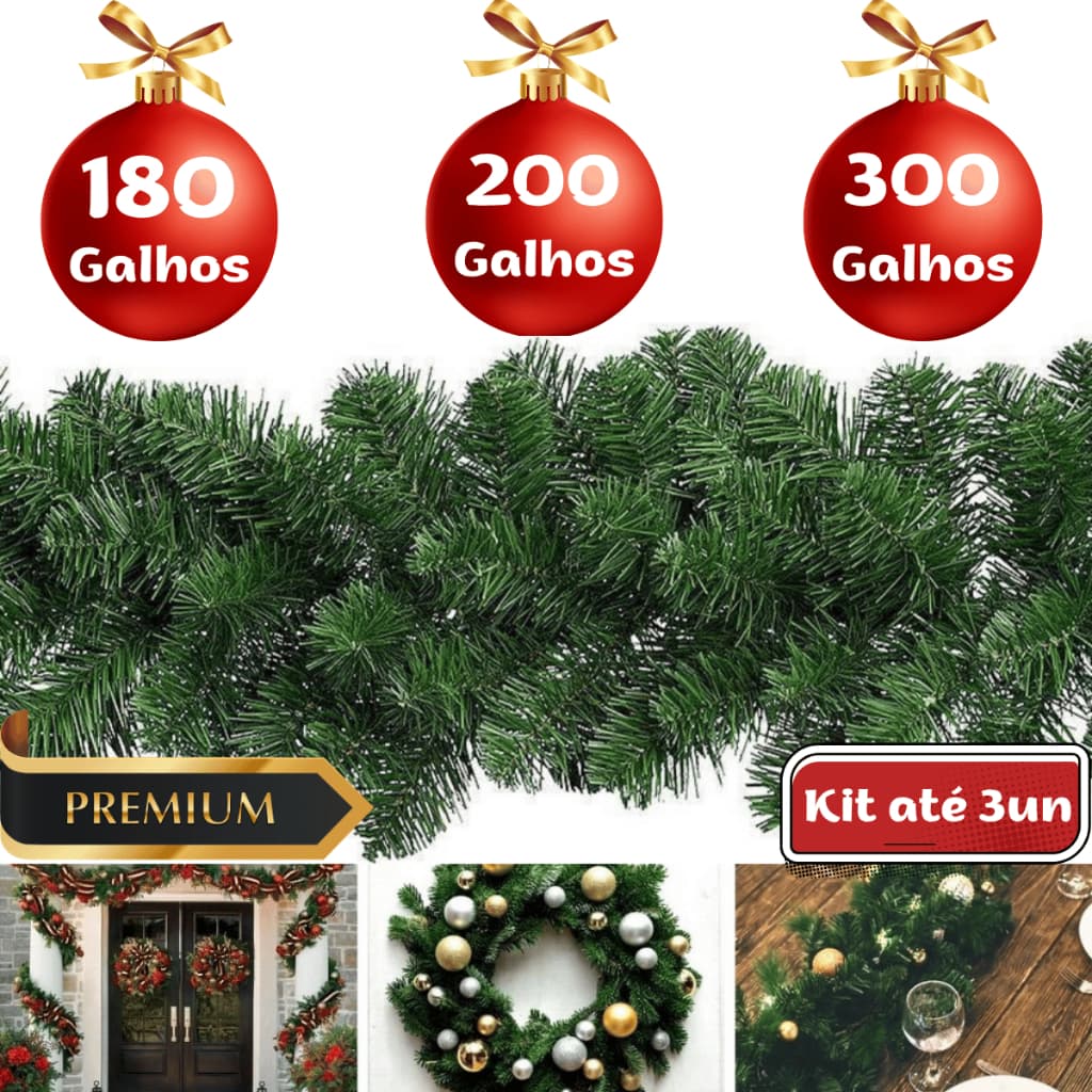 Festão Aramado Natal 300 200 180 Galhos até 2,7M Ramificado Grosso Decoração Natalina Enfeite