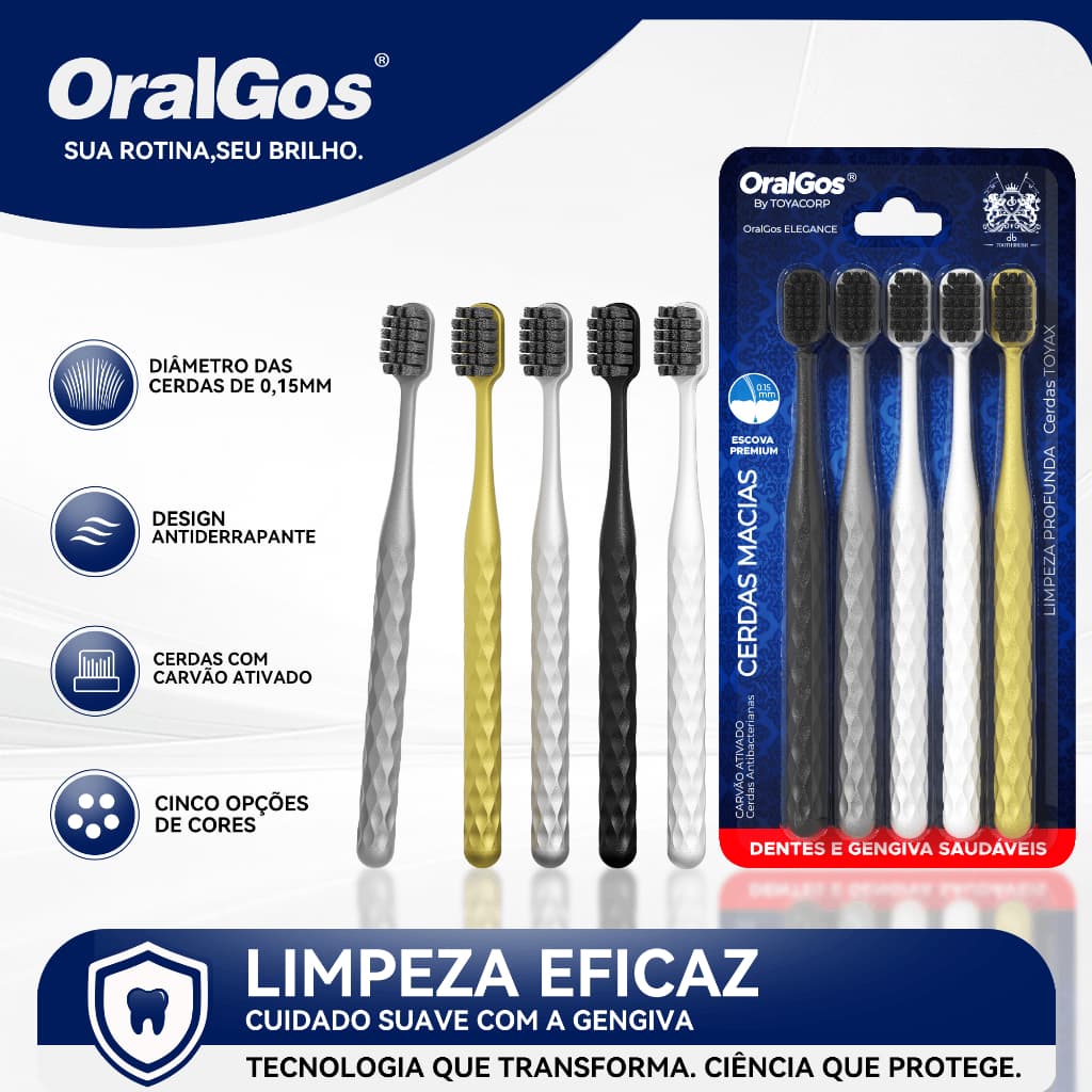 OralGos Escova Premium com Cerdas de Carvão,Cerdas de altadensidade+Pega Antiderrapante