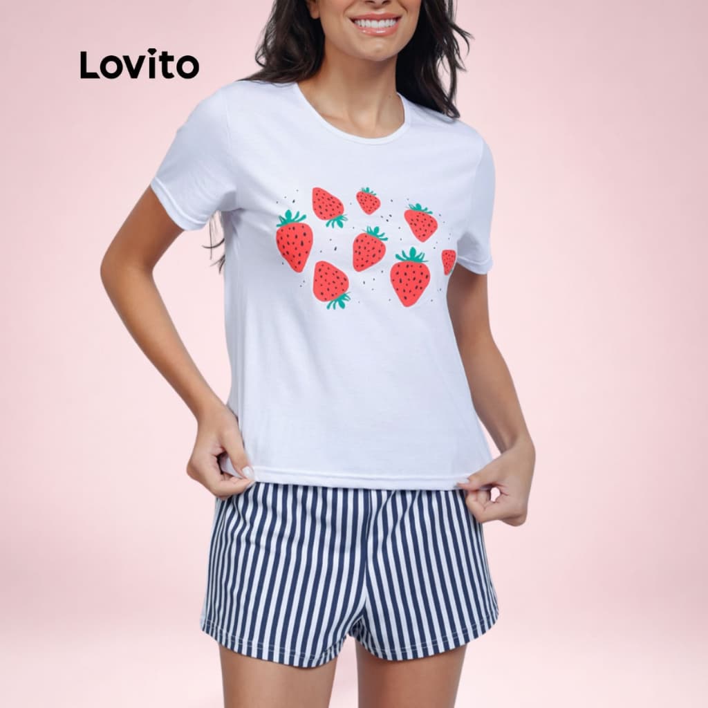 Lovito Conjunto de Pijama Feminino Curto com Estampa Morangos e Listras KPB1202BRL1232