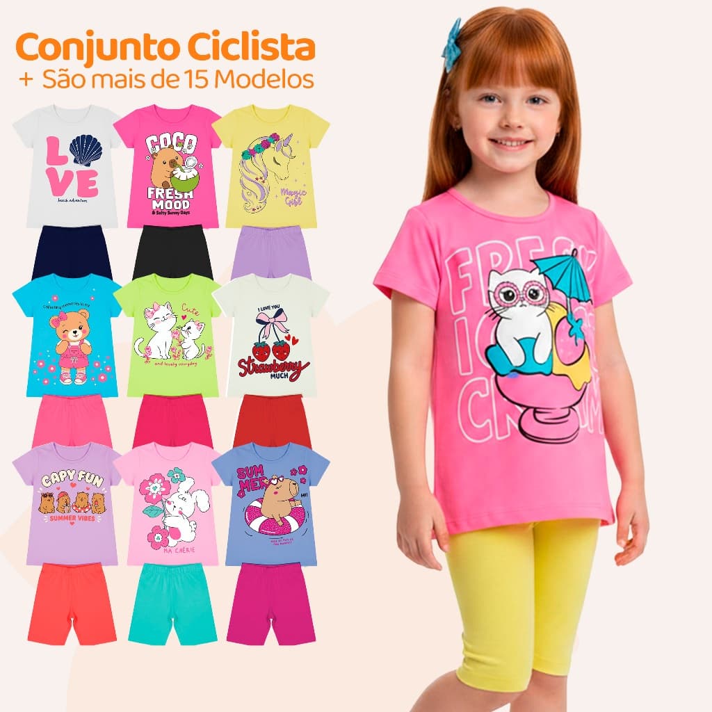 Kit Sortido 6 ou 4 Peças de Roupas Infantil Menina Conjunto Ciclista Tamanho 1 ao 10