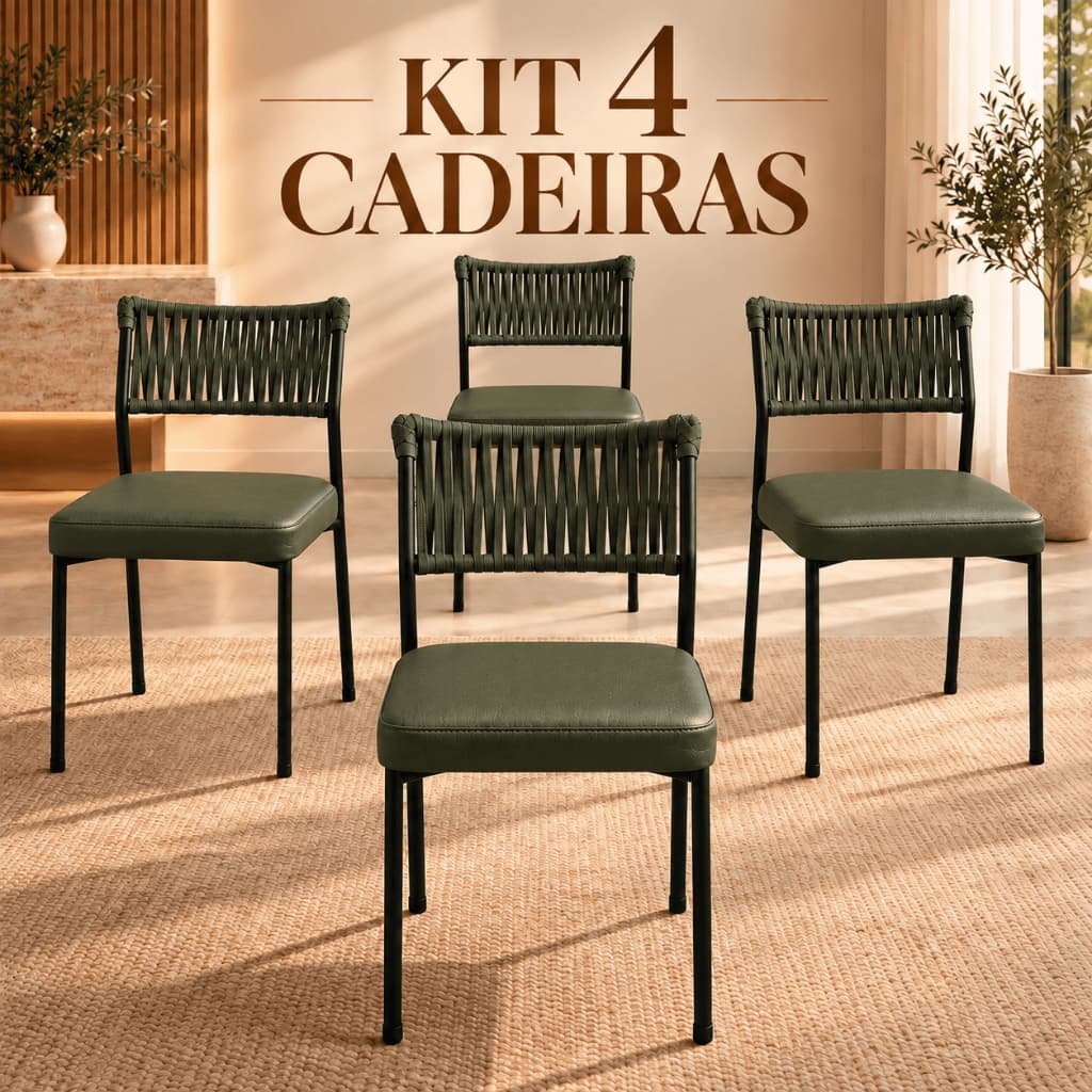 Kit 4 Cadeiras Sala de Jantar Atena Estofada com Encosto em Tricô Náutico Estrutura Aço