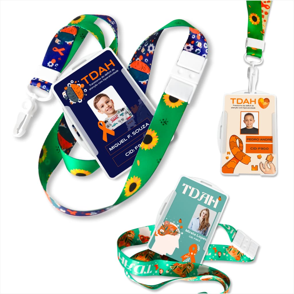 Kit Crachá de Identificação TDAH PERSONALIZADO + Cordão com Trava de Segurança + Porta crachá
