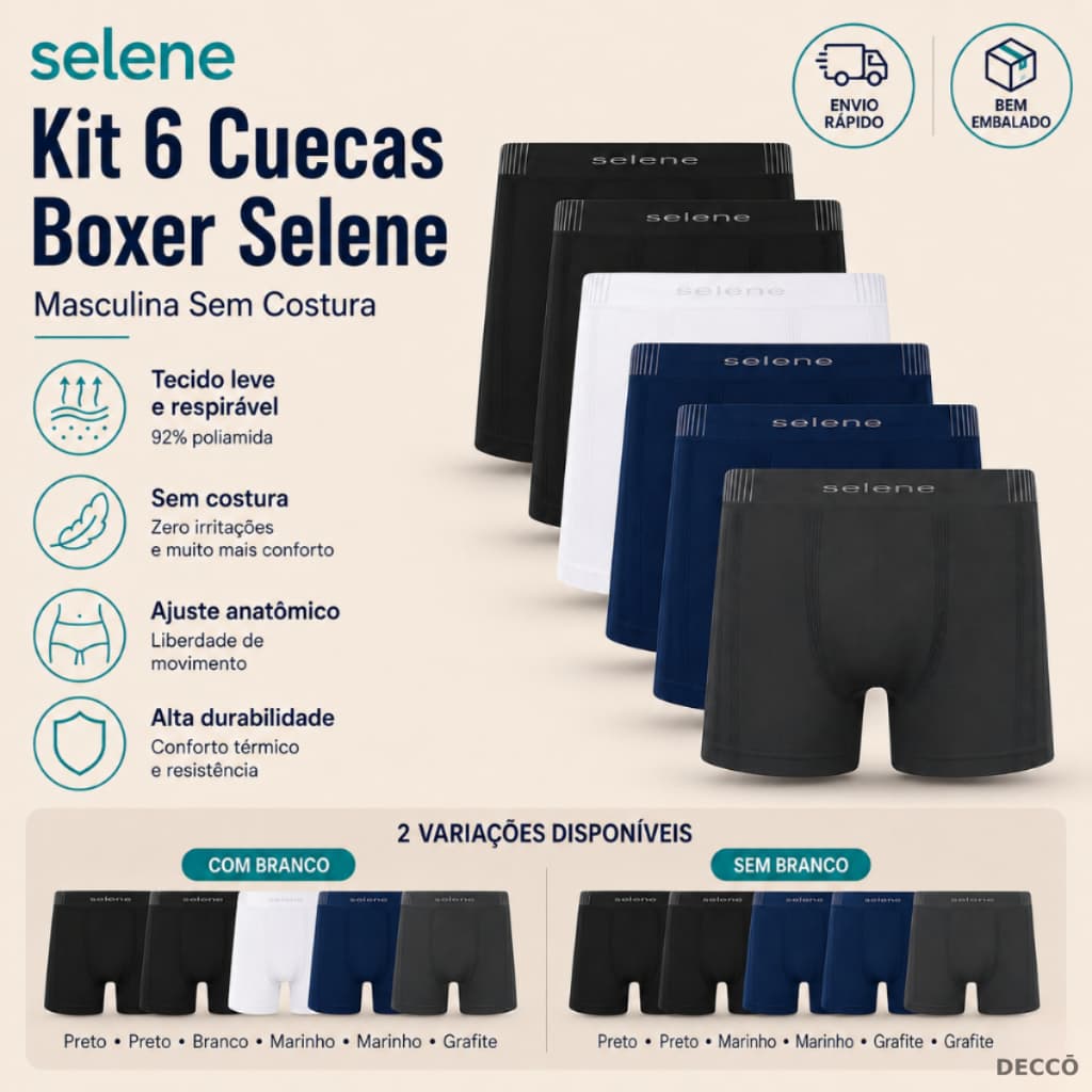 Kit 6 Cuecas Boxer Selene Sem Costura Masculina Poliamida Anatômica Confortável Respirável Dia a Dia