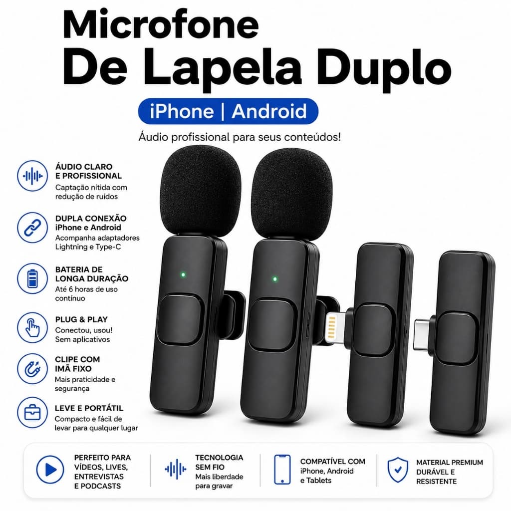Microfone De Lapela Duplo iPhone Android Longo Alcance Tipo C Lighting Sem Fio Profissional K9
