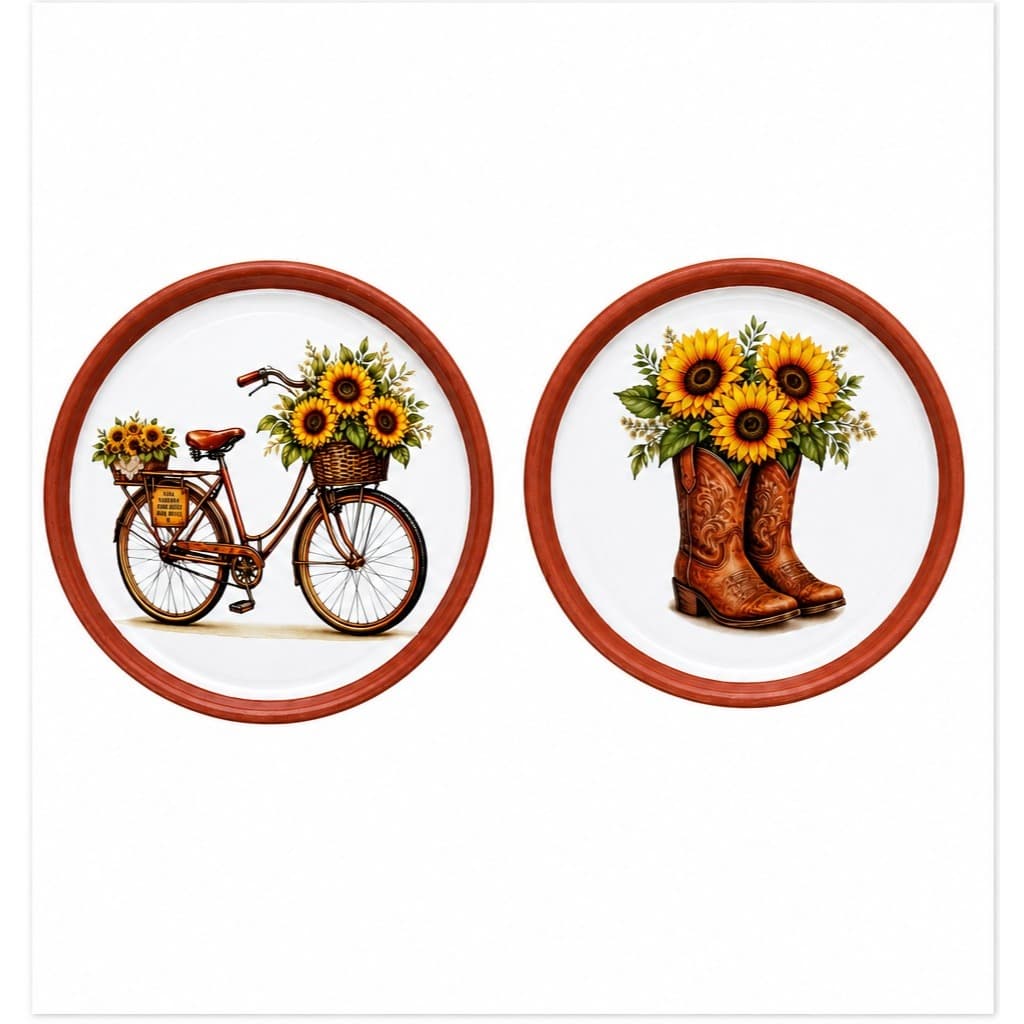Kit 02 Pratos decorativos 19cm diâmetro cerâmica, decoração de parede,Retrô, Contryn, Bota, Bicicleta, Enfeite parede.