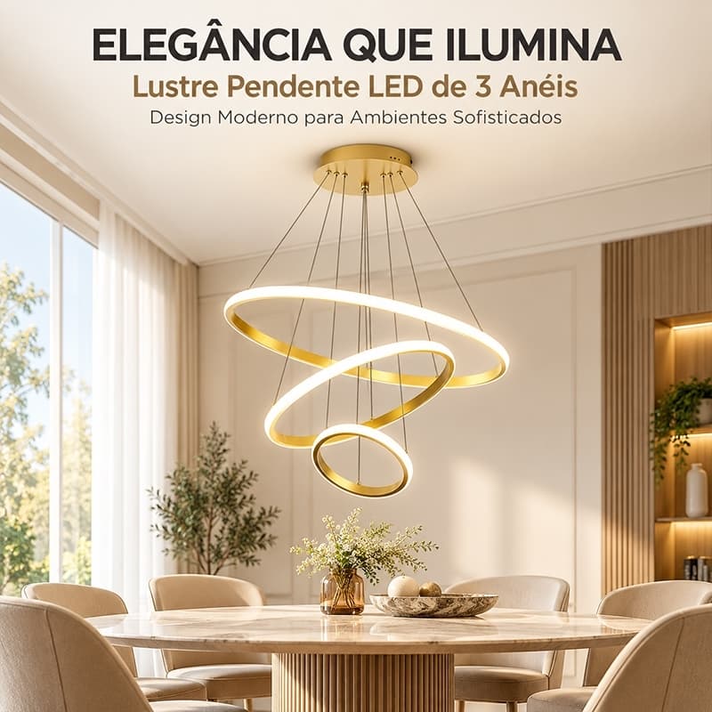 Pendente LED Três Anéis Moderno p/ Sala e Quarto – Decoração Elegante e Tendência -（110V-220V）Universal