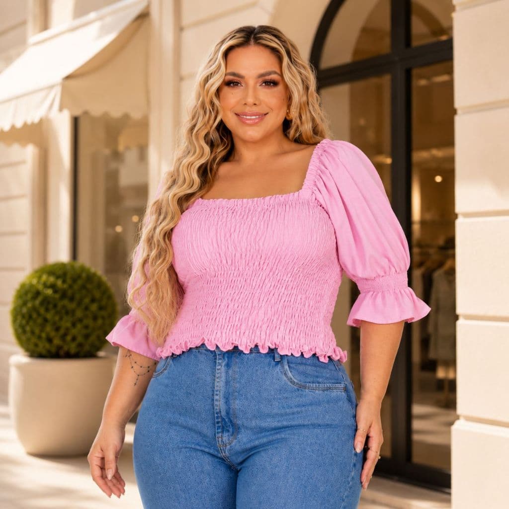 Blusa cropped dia a dia tecido leve básica casual verão G GG G1 G2 G3 verão manga princesa lastex premium barata confort