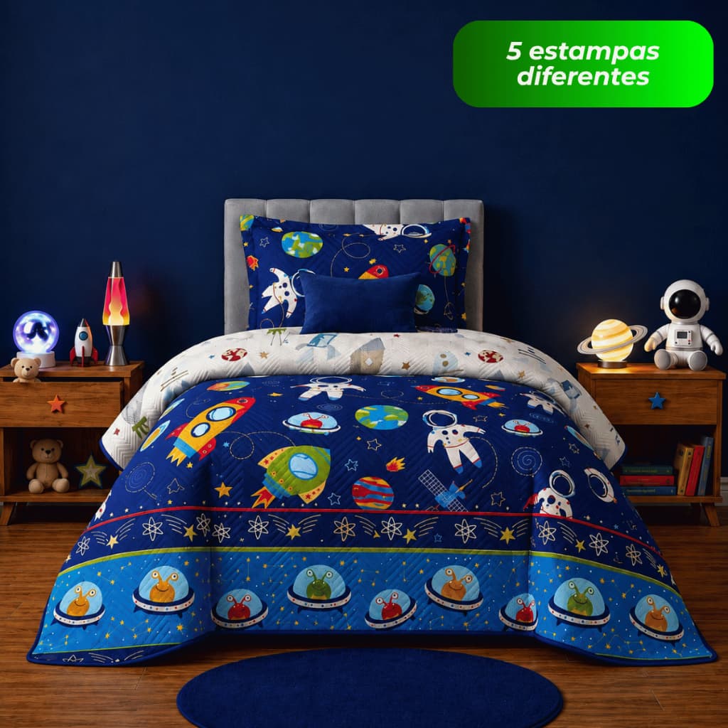 Kit Colcha Cobre Leito Infantil Solteiro 2 Peças Futebol Avião Foguete Espaço Microfibra Matelado