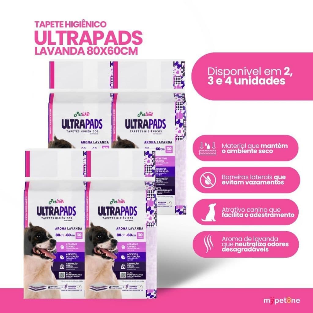 Tapete Higiênico PetLike Ultra Pads Lavanda 80x60 Kit 60 a 120 unidades