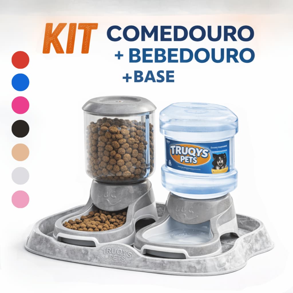 Kit Comedouro e Bebedouro Automático 2L Truqys 3 Peças com Bandeja para Cães e Gatos