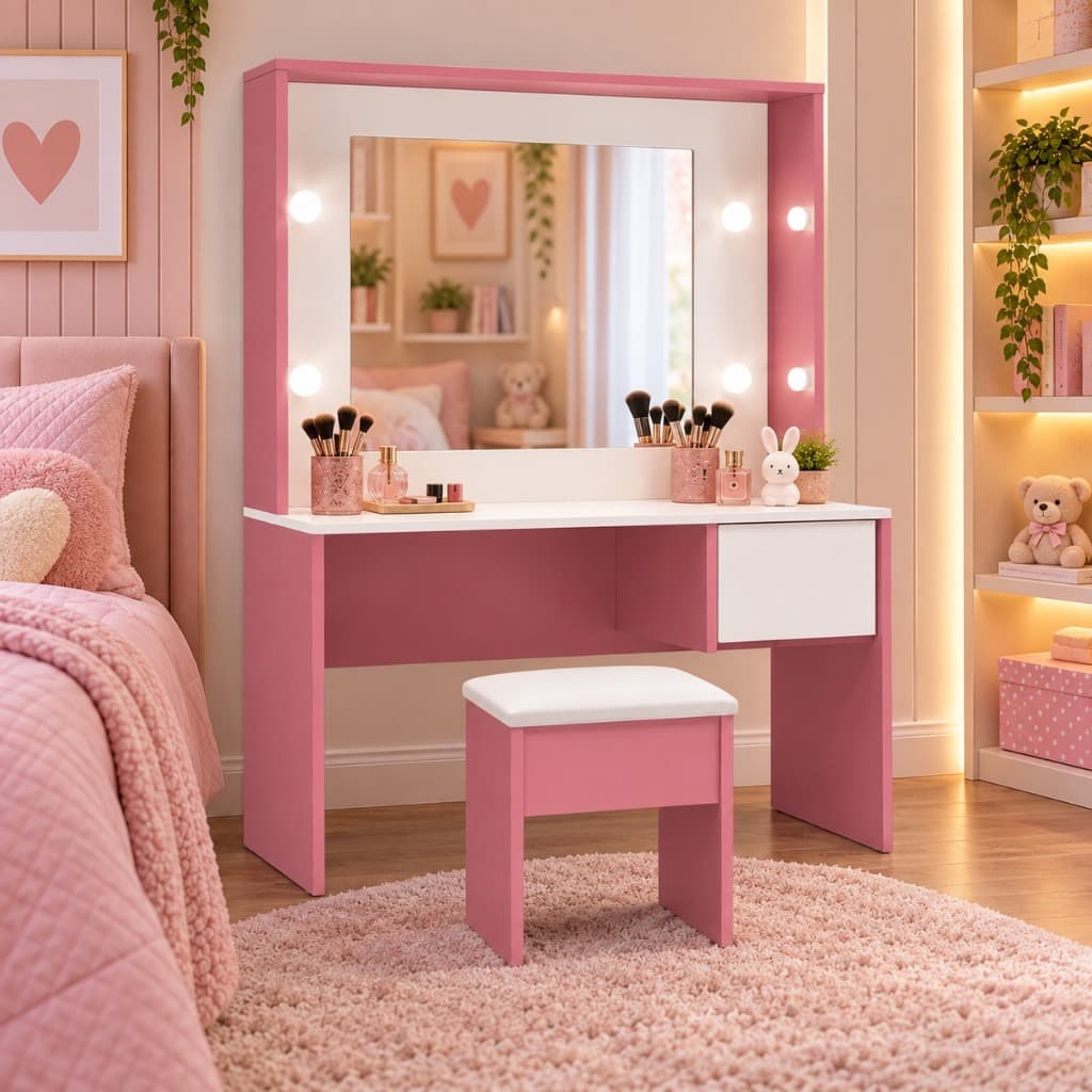 Penteadeira Infantil Diana com Espelho LED com Gaveta e Banqueta Rosa MDF 15mm Ofertamo