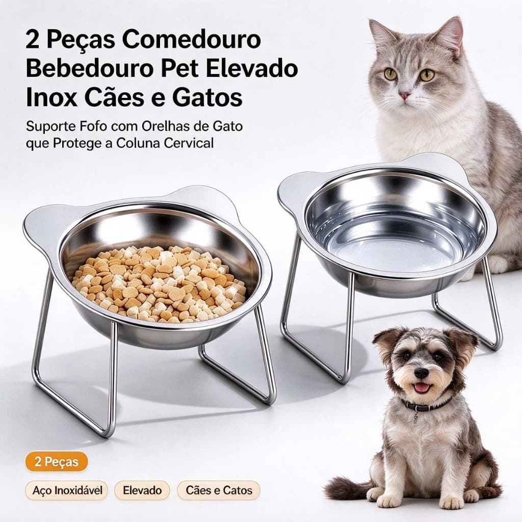 2 Peças Comedouro Bebedouro Pet Inox - Suporte Orelhas de Gato, Protege a Coluna, Cães e Gatos