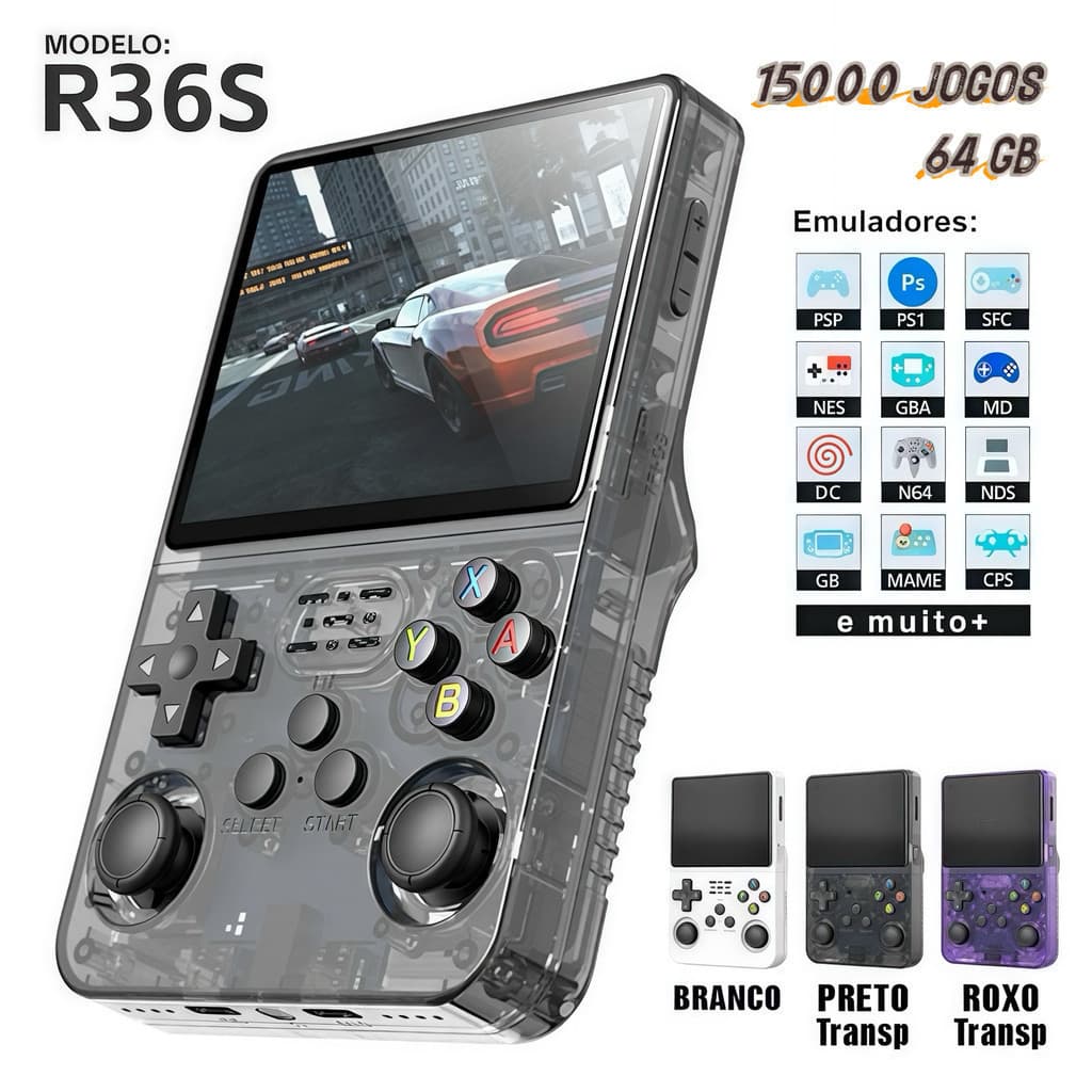 Console Portátil R36S + de 15.000 Jogos Vídeo Game 64g Linux Tela IPS 3.5 Polegadas