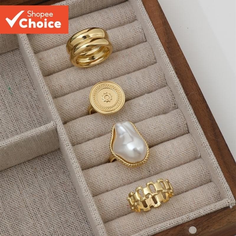 Conjunto De Anel Feminino De Pérola Geométrica Elegante , 4 Peças , Joias Elegantes Para Fashionistas Modernos